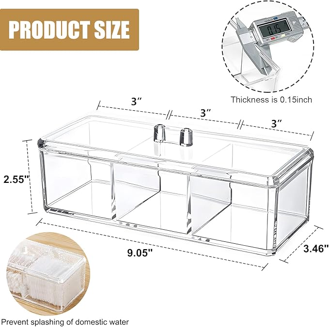 Qtip Holder Dispenser for Cotton Balls, Swabs, Pads, Floss Picks, 3 Compartments Clear Acrylic Container Box with Lid for Bathroom Canister Storage Organization, Vanity Makeup Organizer (#A)