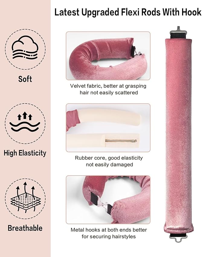 Heatless Curls Overnight with Satin Head Scarf, Velvet Hair Rollers for Blowout Look, No Heat Curling Rod for Long Thick Hair, Soft Sleep In Flexi Rods