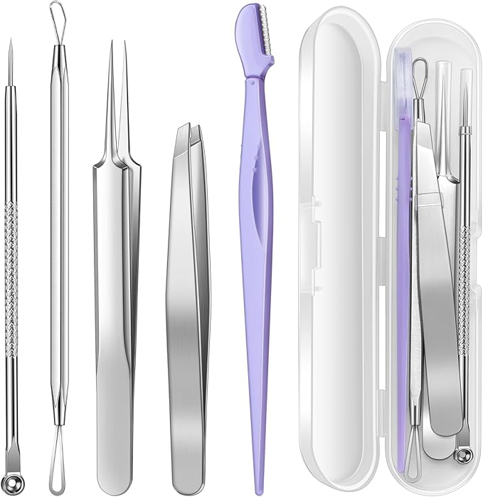 TsMADDTs Pimple Popper Tool Kit, 6 pcs Blackhead Remover Tools for Face and Nose, Ingrown Hair Removal Kit with Pimple Extractor, Pore Extractor, Tweezer, Razor