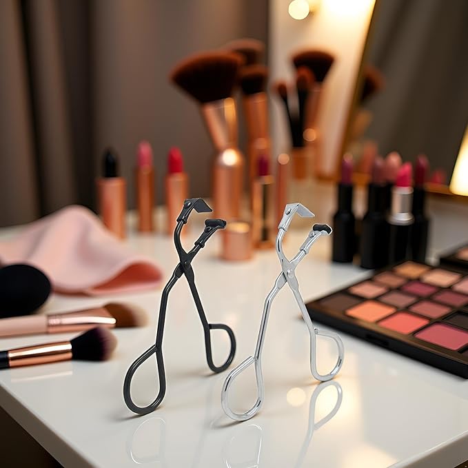 2 Pcs Eyelash Curler with Refill Pads - Mini Lash Curler for All Eyelash Shapes - Professional 2-in-1 Beauty Kit with Precision Tweezers - Stainless Steel Design for Perfect Control (Black+Silver)