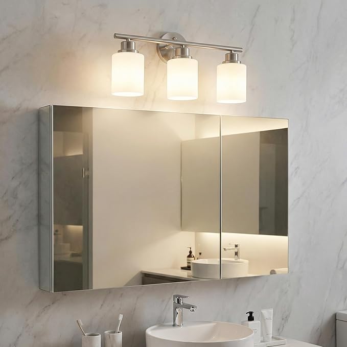Unicozin 3 Light Bathroom Light Fixtures, Modern Vanity Lights with Milky Glass Shade, Brushed Nickel Wall Lamp Over Mirror for Bathroom, Living Room, Cabinet, Bedroom, E26 Base