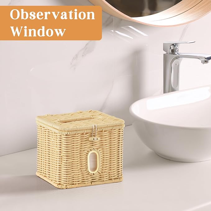 Facial Clean Skin Club Face Towels Holder for Bathroom, Plastic Rattan Disposable Face Towel Holder, Farmhouse Style for XL Face Towels Box Basket with Lid, Beige Color