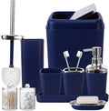 Navy Blue Bathroom Accessories Set, 9-Piece Plastic Gift Set with Trash Can, Toothbrush Holder, Toothbrush Cup, Soap Dispenser, Soap Dish, Toilet Brush Holder,2 Qtip Holder Dispensers and Tray