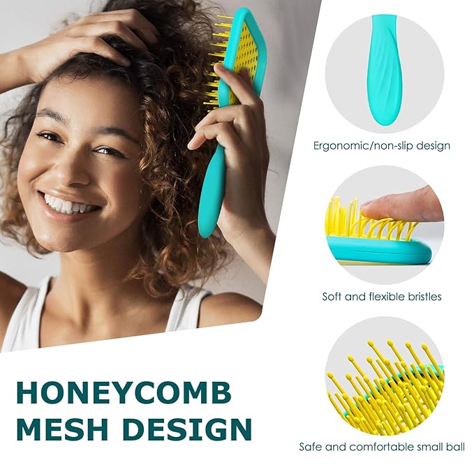 Vented Detangler Brush for Curly Thick Hair, Women Hairbrush with Soft Wave-Shaped Bristles, Curl Detangling Brush for Swimming Beach, Yellow and Blue