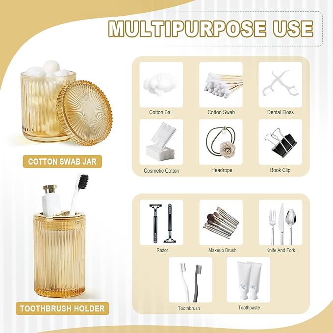Gold Bathroom Accessories 4 Pcs, Gold Glass Soap Dispenser and Toothbrush Holder Set, Qtip Holder Set, Glass Bathroom Soap Dispenser Set, Yellow Orange Bathroom Decor