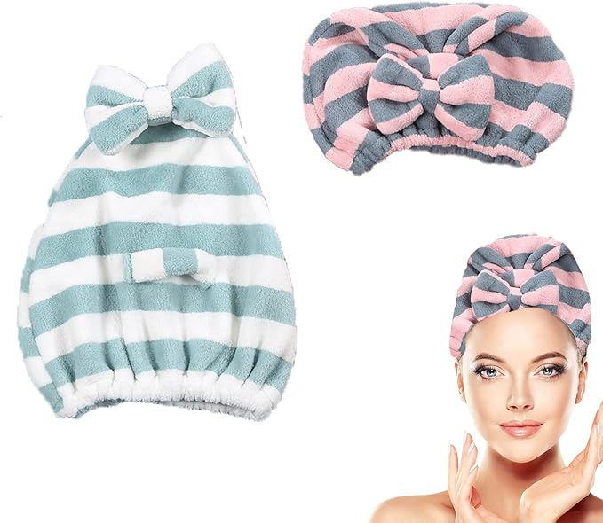 Large Microfiber Hair Towel Cap,Rapid Drying Towel For Hair,Ultra Soft Super Absorbent Hair Drying Towel Turban,Cute Green&Pink Bow Hair Towel Wrap,Hair Drying Towels For Women Fast Dry(2pack)