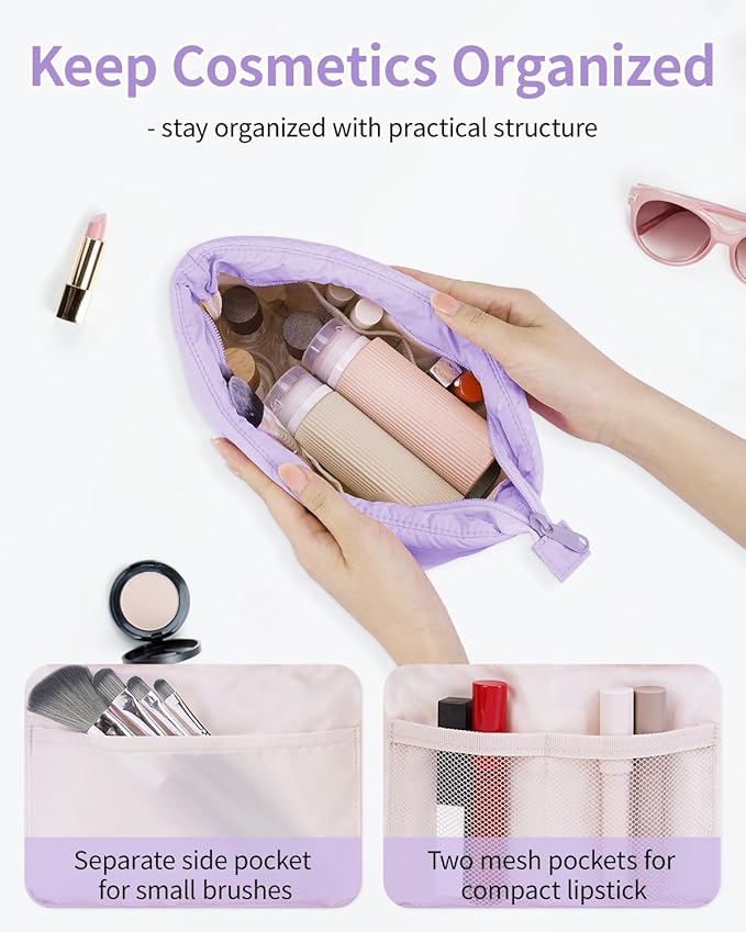 Narwey Travel Makeup Bag for Women Girl, Puffer Makeup Up Organizer Bag Cosmetic Bag, Puffy Cute Makeup Pouch Purse, Travel Toiletry Bag (Pruple)