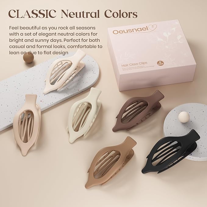 6 PCS Large Flat Hair Clips for Women Girls, French Concord Lay Down Flat Claw Clips for Thick Thin Hair, Comfortable Curved Flat Hair Clip, Matte Non-slip Strong Hold Hair Accessories, Brown