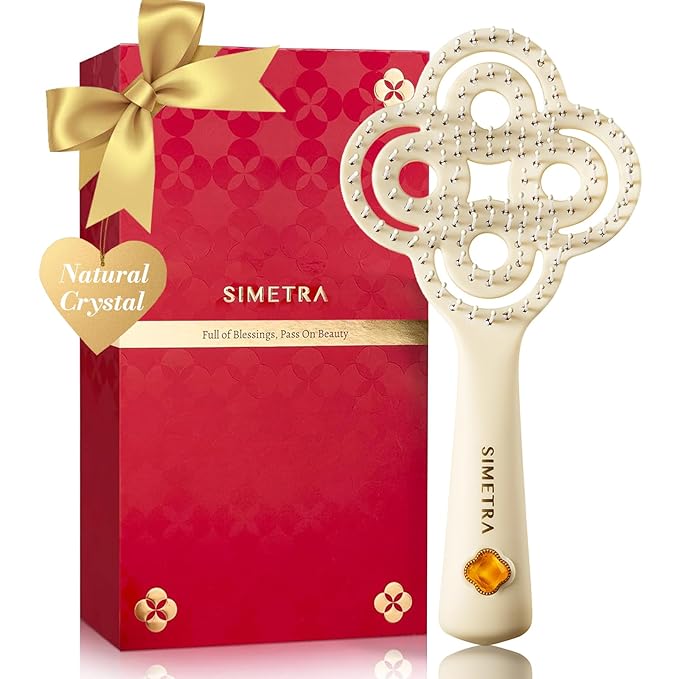Simetra Detangler Hair Brush for Woman and Men, Original Detangling Brush for Curly Hair/Fine &Thick/Wet & Dry Hair, Flexible Bristles Hairbrush - Natural Crystal Inlay & 14K Gold Plating