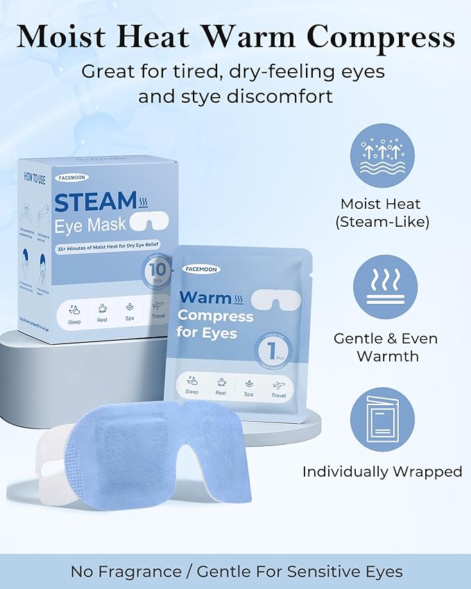Self Heating Steam Eye Mask: Warm Eye Compress for Dry Eyes, Stye Eye Treatment - 10 Packs Disposable Moist Heated Sleep Mask for Tired Eyes & Headache Relief - Ideal for Travel & Spa Gift(Unscented)