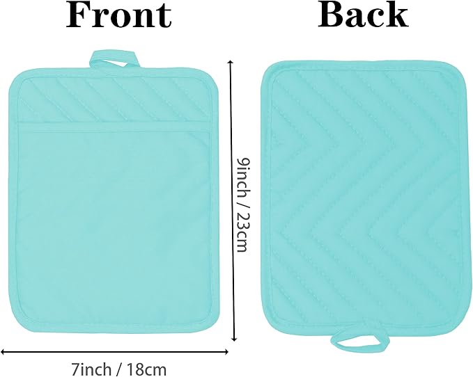 Oven Pot Holder with Pocket Cotton Heat Resistant Coaster Potholder Kitchen Hot Pad Oven Mitts for Cooking Square 7"x9" Set of 3 (Aqua)