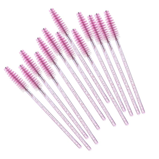 Elisel 100pcs Disposable Mascara Brushes with Container, Mascara Wands Makeup Brushes Applicators Kits for Eyelash Extensions and Eyebrow Brush (Crystal Pink)