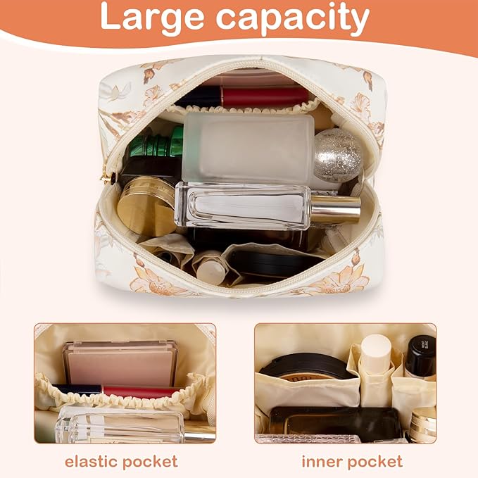 Floral Waterproof Makeup Bag, Leather Cosmetic Bag with Compartments, Zipper Make up Pouch Organizer, Portable Storage Travel Toiletry Bag Gifts for Women Girls(Pink Flower)