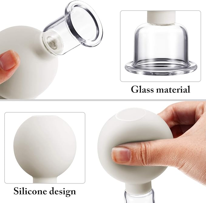 BBTO 4 Pieces Glass Cupping Set Glass Silicone Cupping Cups Massage Vacuum Suction Cupping Cups for Body Face Leg Arm Back Shoulder Muscle and Joint Pain (White)