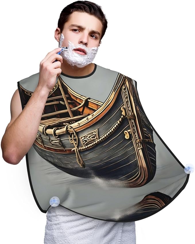 Old Viking Boats Print Beard Bib Apron For Men, Beard Hair Catcher For Men Shaving Trimming,Beard Cape Cloth