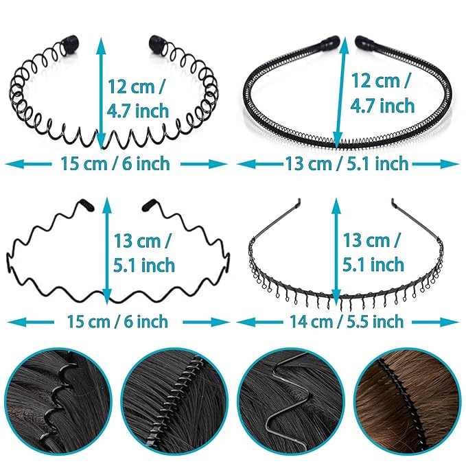 Metal Headband for Men, Unisex Black Wavy Spring Hair Band, Zig Zag Head Band, Fashion Elastic Hair Accessories, Multipack Options Available(8pcs)