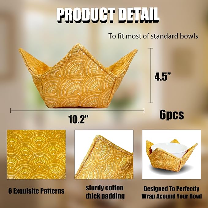 Cotton Microwavable Bowl Cozy ，Set of 6，Microwave-Safe Hot Bowl Holders, Soup Cozy Hot Pads，Prevent Hand from Heat and Maintain Food Warm，Ideal Household Gift Store (D)