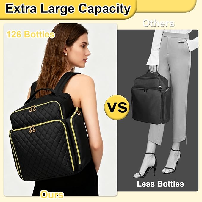 Nail Polish Organizer Backpack Holds 126 Bottles& Nail Lamp, Extra Large Nail Kit Supplies Organizer Bag with 3 Removable Cases, Portable Nail Organizers and Storage for Travel (Pure Black)