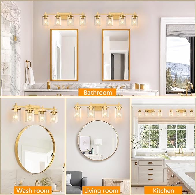 4-Lights Gold Bathroom Vanity Light Over Mirror, Brushed Gold Bathroom Wall Lights with Glass Shades, Indoor Wall Mounted Lamp for Living Room Bedroom Hallway