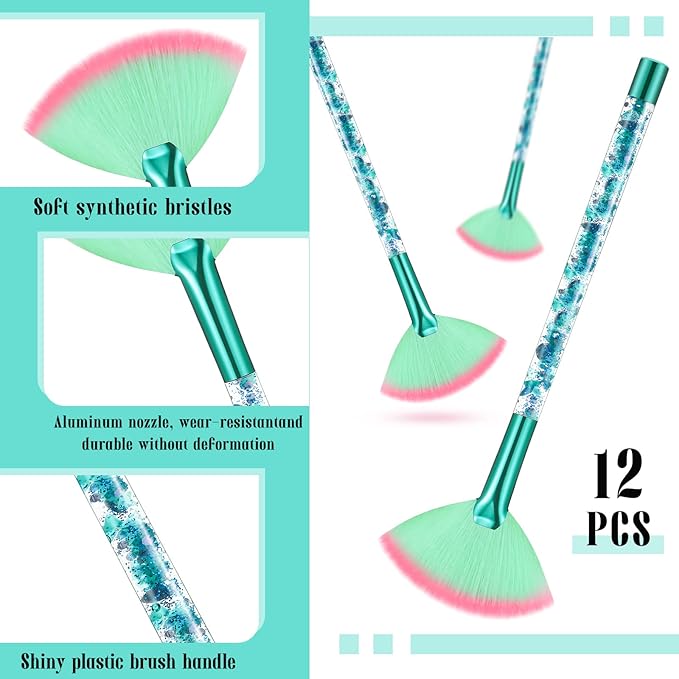 Nuenen 12 Pcs Soft Fan Facial Brushes Mask Acid Applicator Brush for Mud Cream Blush Makeup Peel Glycolic Multi Use Cosmetic Tools with Glitter Quicksand Handle and Pouch(Green)