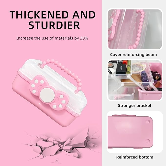 10.6in 3-Layer Multipurpose Storage Box Art Craft Organizer Storage Box Kids Clear Plastic Portable Storage Box/Tool Box with Handle for Sewing,Cosmetic,Medicine,Nail,Hair Accessories (Pink)