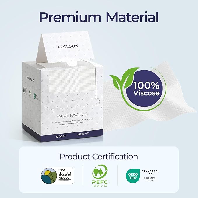 ECOLOOK Disposable Face Towel XL-10"x12" Upgraded Thick Facial Towels, Ultra Soft Clean Face Towels Disposable, 60 Count & 90 GSM, Ideal for Sensitive Skin-3 PACK