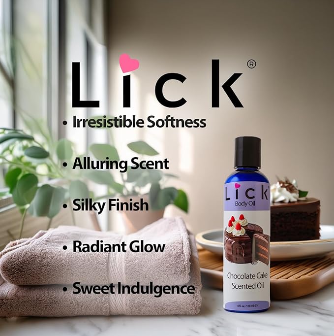 LICK Chocolate Cake Dessert-Inspired Scented Body Oil – Fast-Absorbing Daily Hydration with Almond Oil & Vitamin E – 4 oz