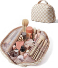BAGSMART Travel Makeup Bag for Women, Portable Fold-down Cosmetic Case, Puffy Padded Make Up Organizer Pouch, Water-resistant Toiletry Bag for Toiletries, Brushes (Khaki Brown checkered Print)