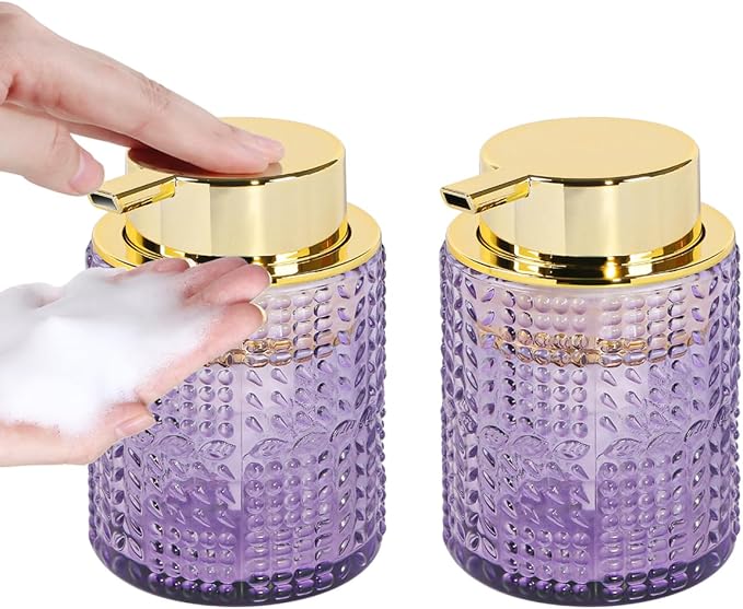 Foaming Soap Dispenser, 2pcs Purple Glass Foam Soap Dispenser with Gold Pump, Refillable 10oz Lotion Liquid Container Pump Bottle for Bathroom Kitchen Countertop