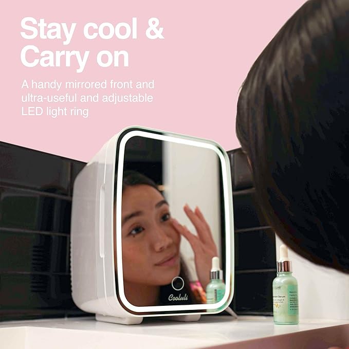 Cooluli Glow 4L Mini Skincare Fridge with Mirror & LED Light - Small Refrigerator for Skin Care, Makeup, Food & Drinks - Portable Mini Fridge for Bedroom & Office, 100-240V, White Mirror LED