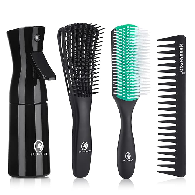 BRUSHZOO Detangler Hair Brush with Hair Spray bottle, Hair Brush for Curly Hair, 9 Row Brush Wide Tooth comb (Green)