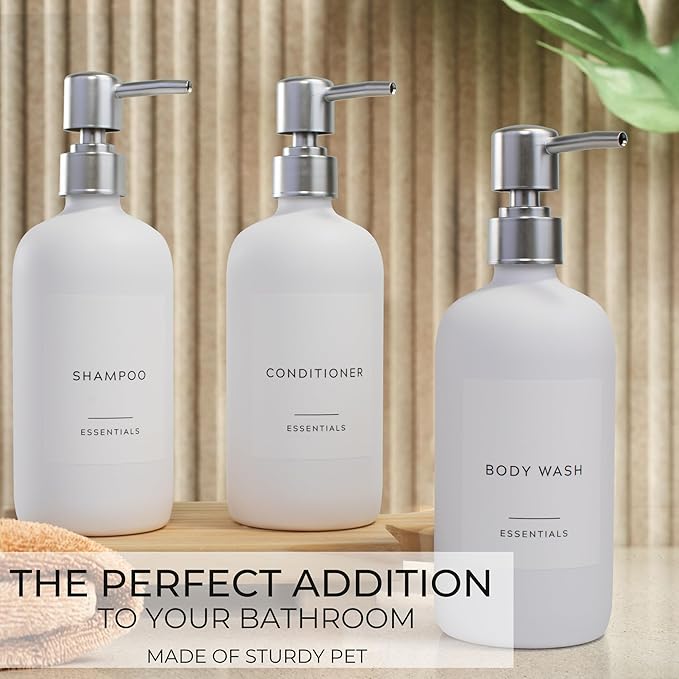 Stylish Shampoo and Conditioner Dispenser Set of 3 - Modern 21oz Shower Soap Bottles with Pump and Labels - Easy to Refill Body Wash Dispensers for an Instant Bathroom Decor Upgrade - White