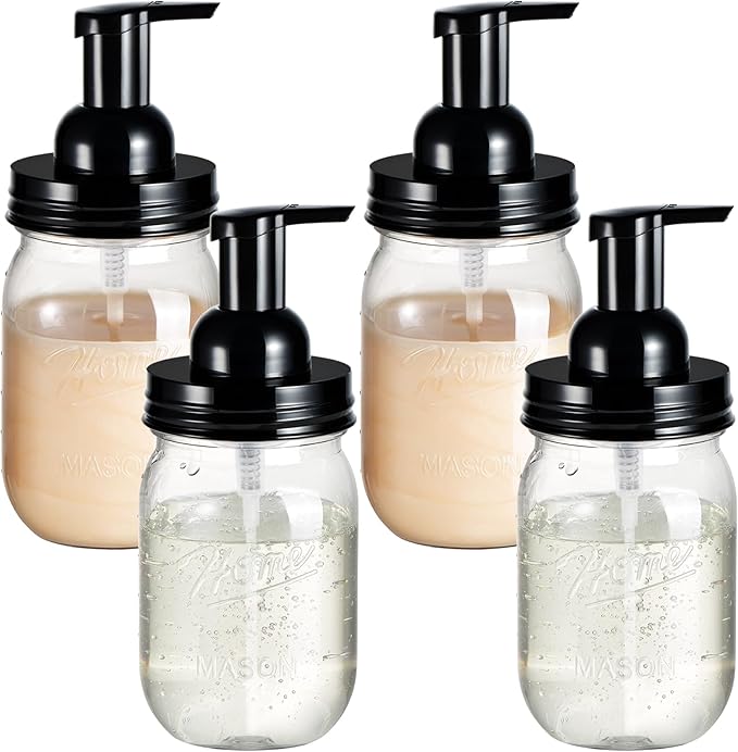 Amolliar Plastic Mason Jar Foaming Soap Dispenser with Pump Lid,16OZ Refillable Hand Soap Dispenser Set with Cute Lables - Farmhouse Decor for Kitchen/Bathroom, Lotion Liquid Dish Soap (4 Pack, Black)