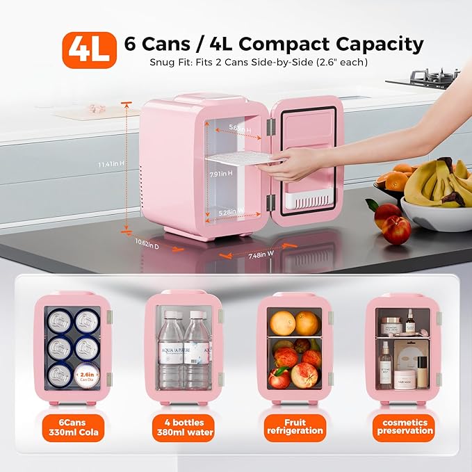 Mini Fridge, 4 Liter/6 Can Mini Makeup Fridge, 110V AC/ 12V DC Portable Thermoelectric Cooler&Warmer for Skincare, Drink, Cosmetic, Medicine, Small fridge for Bedroom, Office, Dorm, Car, Pink