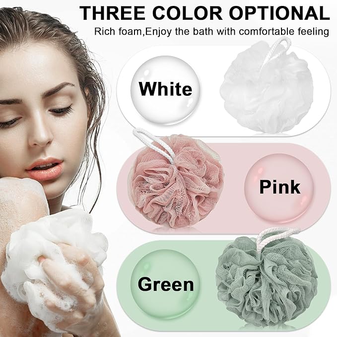 Loofah Charcoal Bath Shower Sponge Body Scrubber,75g Exfoliate Mesh Pouf Shower Bouquet,3 Pack Large Bath Sponge for Women and Men（White Pink Green）