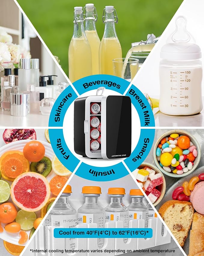 Antarctic Star Compact Mini Fridge, 10L Portable Small Refrigerator, 2.6 Gal Mini Fridge with AC/DC Adapters, Small Cosmetics Cooler for Beverage, Food, Makeup, Bedroom, Office, Dorm, Black