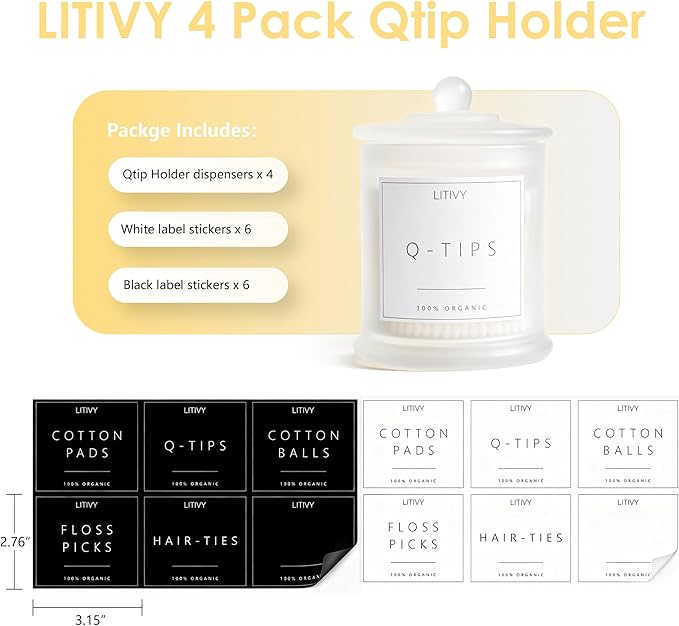 4 Pack Bathroom Organizers and Storage - 16 Oz Glass Qtip Holder & Cotton Pad Dispenser with Lid, Apothecary Jars for Home, Room Decor, Kitchen Organizer (Frosted White)