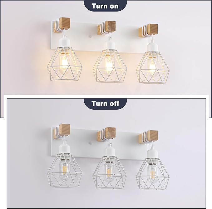 White Bathroom Vanity Light Fixtures, 3-Light Wood Bathroom Light Fixtures Over Mirror, Rustic Sconces Wall Lighting with Elegant Metal Lampshade for Living Room, Bedroom, Hallway