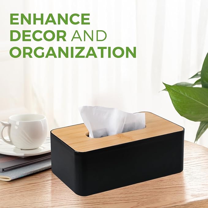 Tissue Box Cover, Rectangle Tissue Box Holder with Bamboo Cover Plate for Bathroom Bedroom, Decorative Tissue Box Covers for Home Decor Office, Black