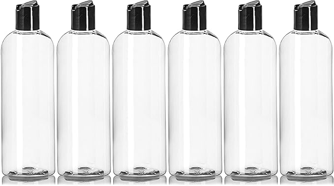 ljdeals 16 oz Clear Plastic Empty Bottles with Black Disc Top Caps, Squeezable Refillable Containers for Shampoo, Lotions, Cream and more Pack of 6, BPA Free, Made in USA