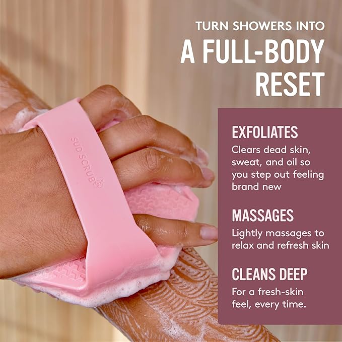 Sud Scrub® Antimicrobial Silicone Body Scrubber, Exfoliating Body Scrubber for Sensitive Skin, Eco Friendly Shower Scrubber for Body, Silicone Body Brush for Showering, Pink