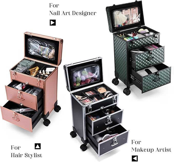 Adazzo Professional Rolling Makeup Train Case with Drawers, Makeup Case on Wheels, Nail Tech Rolling Cart Storage Organizer Trolley Make up Case for Travel Makeup/Nail Art/Hair Styling, Dark Green