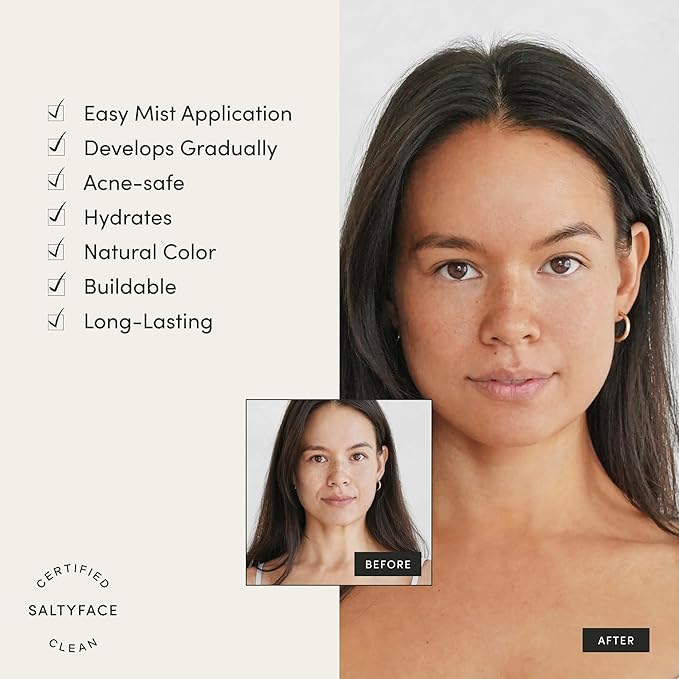 SALTYFACE - Tanning Water (Medium to Dark) - Self Tanner for Face, Neck, Ears, Chest - No Color Transfer - Oil Free, Fragrance Free - Streak-Free, Non-Clogging - Vegan Skin Care - 1 FL OZ (30 ML)