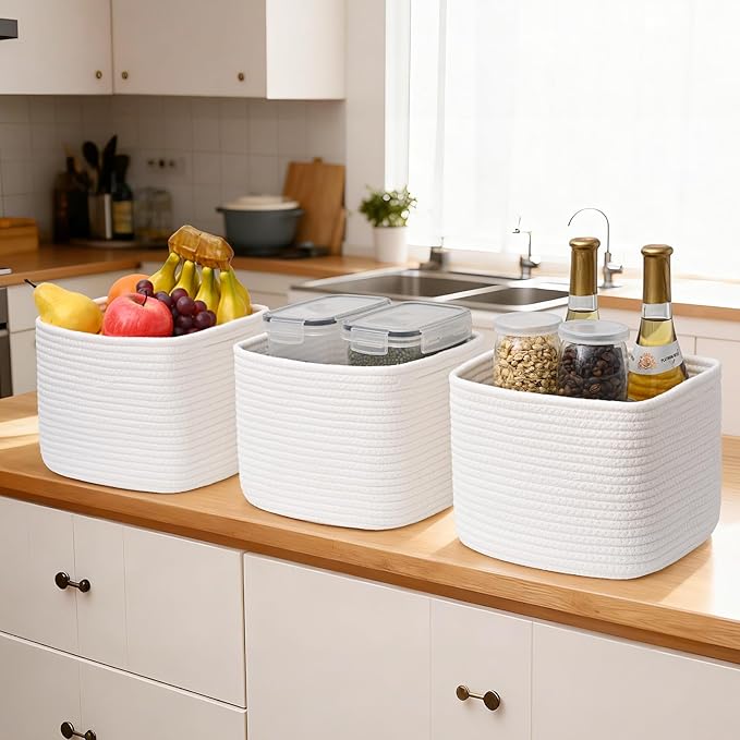 3 Pack Cube Storage Bin, 9”x9”x7” Cotton Rope Woven Baskets for Organizing Toys Clothes Towels, Square Gift Storage Baskets for Shelf, Nursery, Closet, Bathroom, Pantry (White)