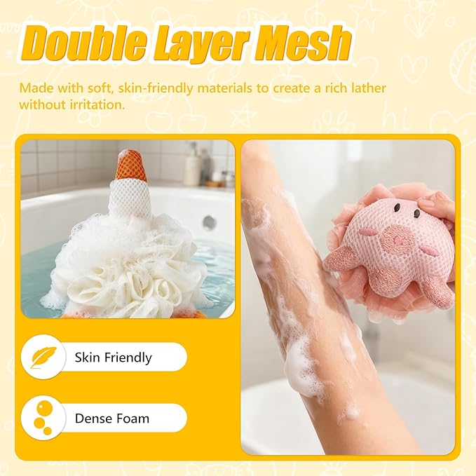 Kids Loofah, Cute Cartoon Animal Kids Bath Sponge with Hanging Rope, Soft Double Mesh for Rich Lather (Little Orange Rabbit)