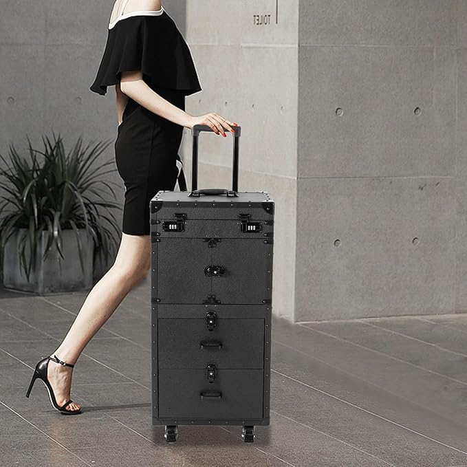 Makeup Train Case, Beauty Salon Luggage, Rolling Lockable Makeup Train Case Hairdressing Trolley Stylist Beauty Salon Cosmetic Luggage Travel Organizer Tool Box with Hair Dryer Holde