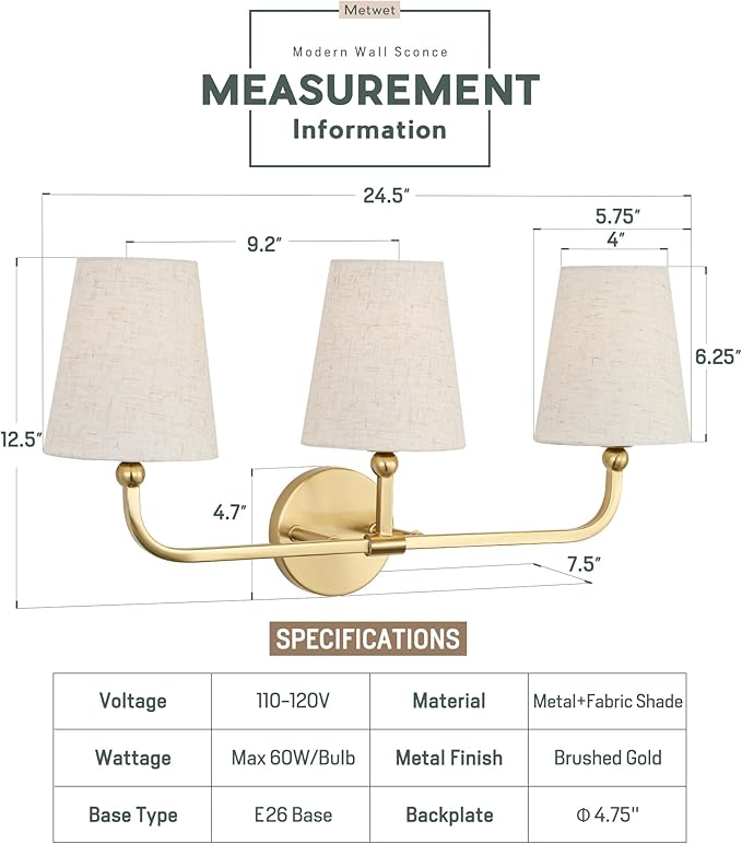 3-Light Bathroom Light Fixtures, Brushed Gold Vanity Lights with Linen Fabric Shade, Modern Sconces Wall Lighting for Hallway Bedroom, Upward Lighting, VL837-BG-A-3