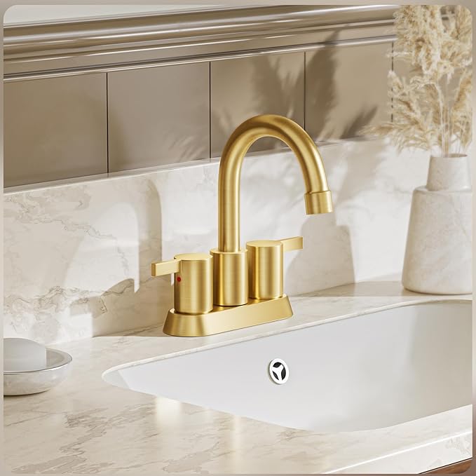 Brushed Gold 4 Inch 2 Handle Centerset Lead-Free Bathroom Faucet, Swivel Spout with Copper Pop Up Drain and 2 Water Supply Lines, BF015-1-BG