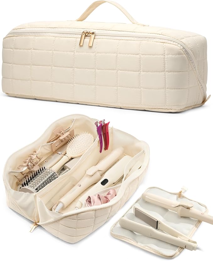 Hot Tools Travel Case with Heat Resistant Mat Pouch, Large Hair Tool Organizer Bag for Curling Iron Flat Iron Hair Dryer Hot Air Brush, Water Resistant Makeup Bag Gift for Women, Beige