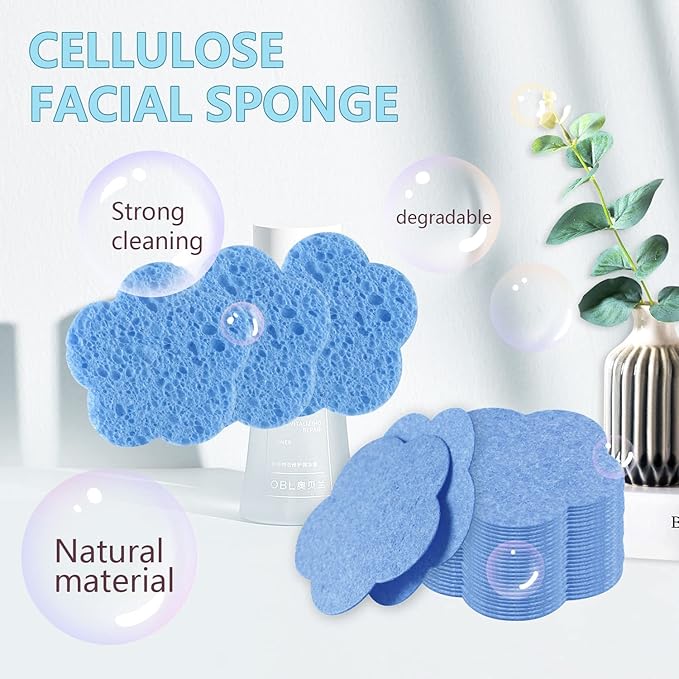 100-Count Facial Sponges Compressed Facial Sponges Natural Facial Cleansing Sponges Pads Cute Flower Shape Exfoliating Sponges for Cleansing Reusable,Best Makeup Gift, Blue